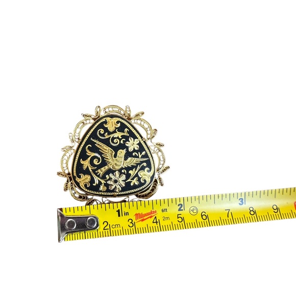 Vintage 60s Damascene Bird Floral Ornate Filigree Brooch - Picture 5 of 5